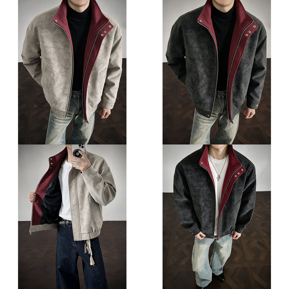 2026 American-style matte tie-dye color-block PU leather jacket,men's autumn/winter stand-up collar Harrington-style tough guy leather coat