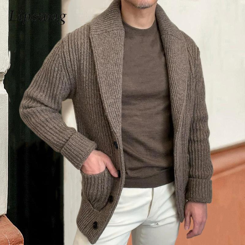 Fall Winter Warm Knitted Cardigan Sweater Men Casual Solid Color Lapel Button-Up Sweatercoats Mens Vintage Slim Knitting Jackets