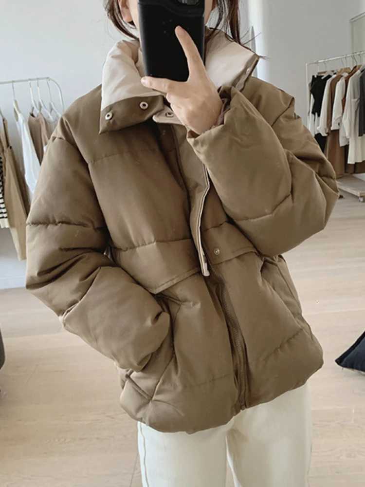 Women's Down Parkas 2023 Women's Winter Jacket Streetwear Polyester Zipper Straight 3 Solid Color Padded Coat Warm Femme Parkas Black Wome