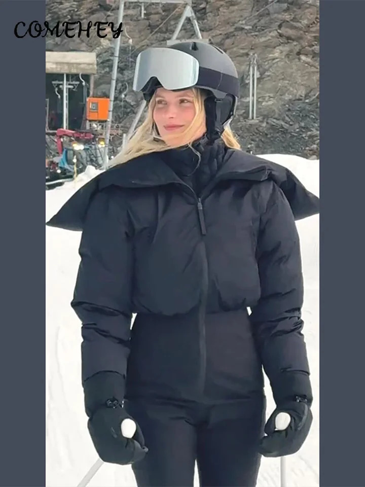 Fashion Hooded Womens Skiwear Jumpsuits Stand Collar Zipper Long Sleeve High Waist Cotton Jumpsuit 2026 Winter Warm Romper 261016