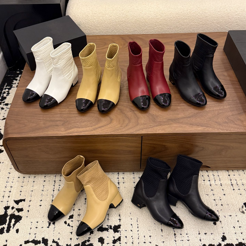 Fall Winter 2026 Short Boots Women Designer Luxury Ankle Boots Stretch Lambskin Lambskin Patent Calfskin Black Pastel Tones Vivid Color Combinations