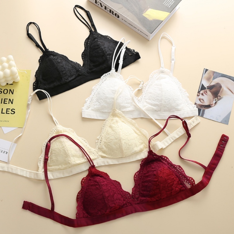 V-Neck Double Strap Floral Lace Bralette Women Scallop Edge Wireless Bra Sexy Lingerie Back Hook Closure Daily Intimates S-L dongdumaoyi