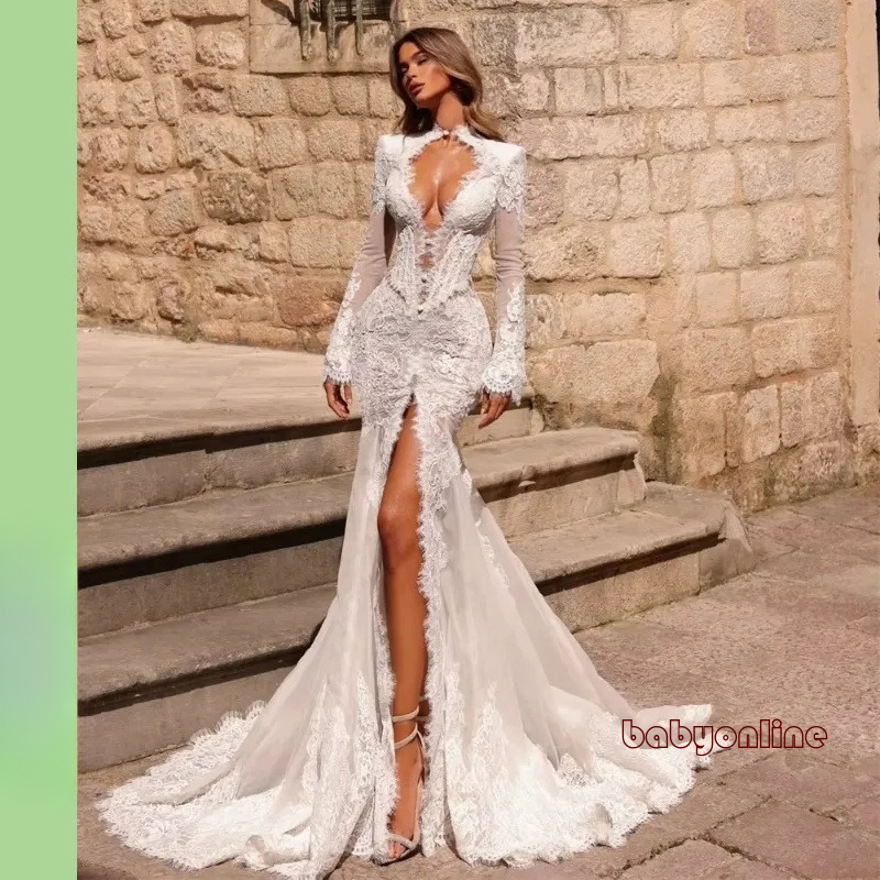 Sheer Lace Deep V Neck Boho Wedding Front Split Long Sleeves Bridal Gown Outdoor Ceremony Floor Length Sexy Bride Dresses