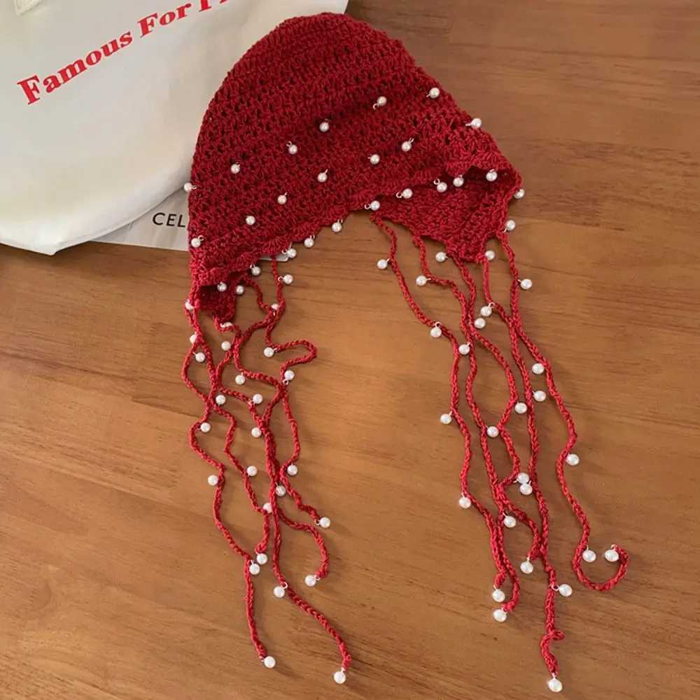 Beanie/Skull Caps Casual Crochet Flower Hollow Pearl Tassels Knitted Hat Beanies Weave Cap Knit Cap Korean Handmade Ethnic Style Hat Outdoor Q261017
