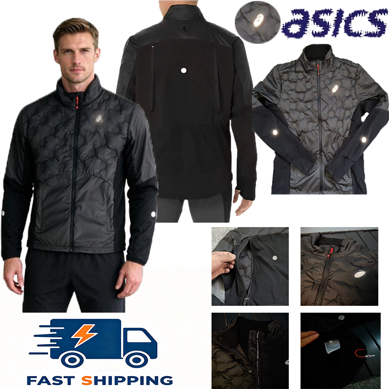 asicsly Down Jacket mens Reflective logo jacket Mens Warm Quilted Puffer long Sleeve Stand Collar Full Zip Reflective Dot Running Casual Fit Streetw