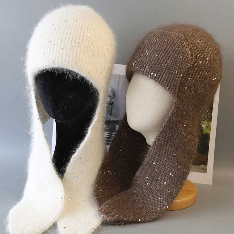 Beanie/Skull Caps 2026 New Sequin Earflap Knit Beanie Long rabbit fur Winter Hat Women Angora Knitted Warm Outdoor Skiing Ushanka Trapper Hat Q26101