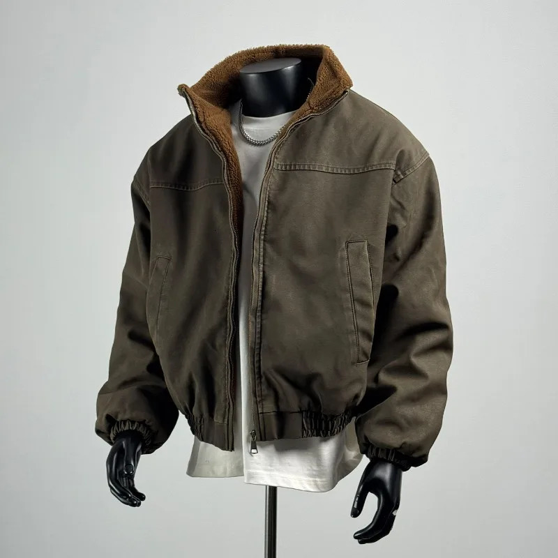 WHXR Winter Men Jacket Thicken Fleece Warm Stand Collar Male Cargo Coat Loose Long Sleeve Zipper Man Casual Outerwear 261016