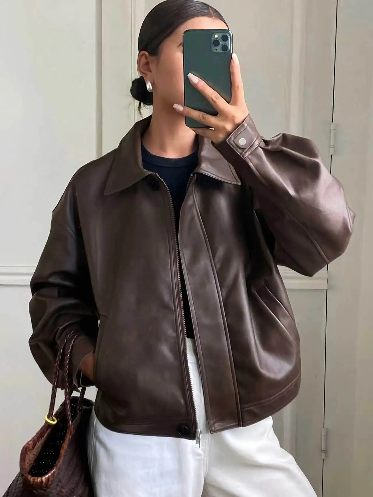 Casual PU Leather Er Jacket Women Vintage Brown Lapel Zipper Pocket Baseball Short Coats Streetwear Female Loose Overcoats 261016