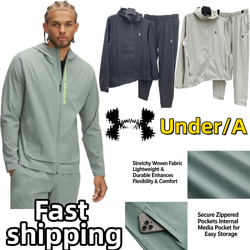 under amourr Tracksuit Mens Hooded Windbreaker Jacket Quick Dry Breathable Woven 2 Piece Set Running Training Casual Fit Streetwear Athletic Winter