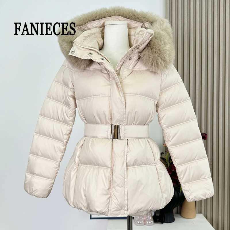 Women's Down Parkas Women Winter Fur Collar Hood Puffer Jacket Elegant Belted Waist Warm Quilted Cotton Padded Coat Fashion Outerwear Parkas T2