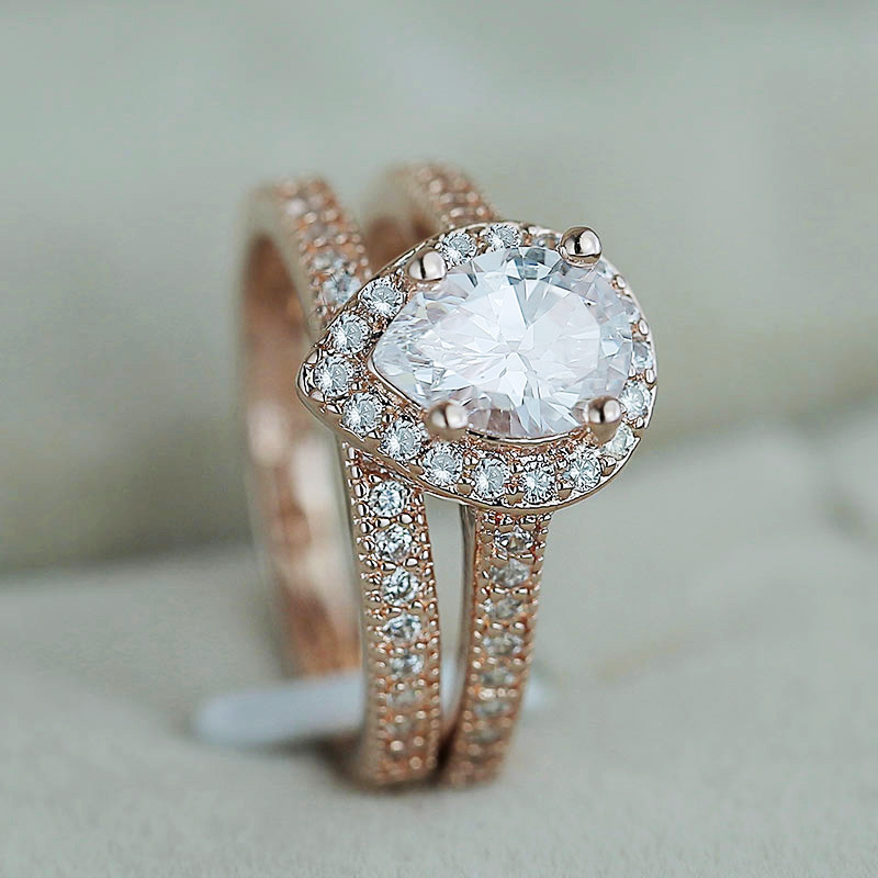 Cross-Border E-Commerce New Set Classic Pear-Shaped Water Drop Zircon Engagement Ring Fashion Women's Trendy Hand Jewelry