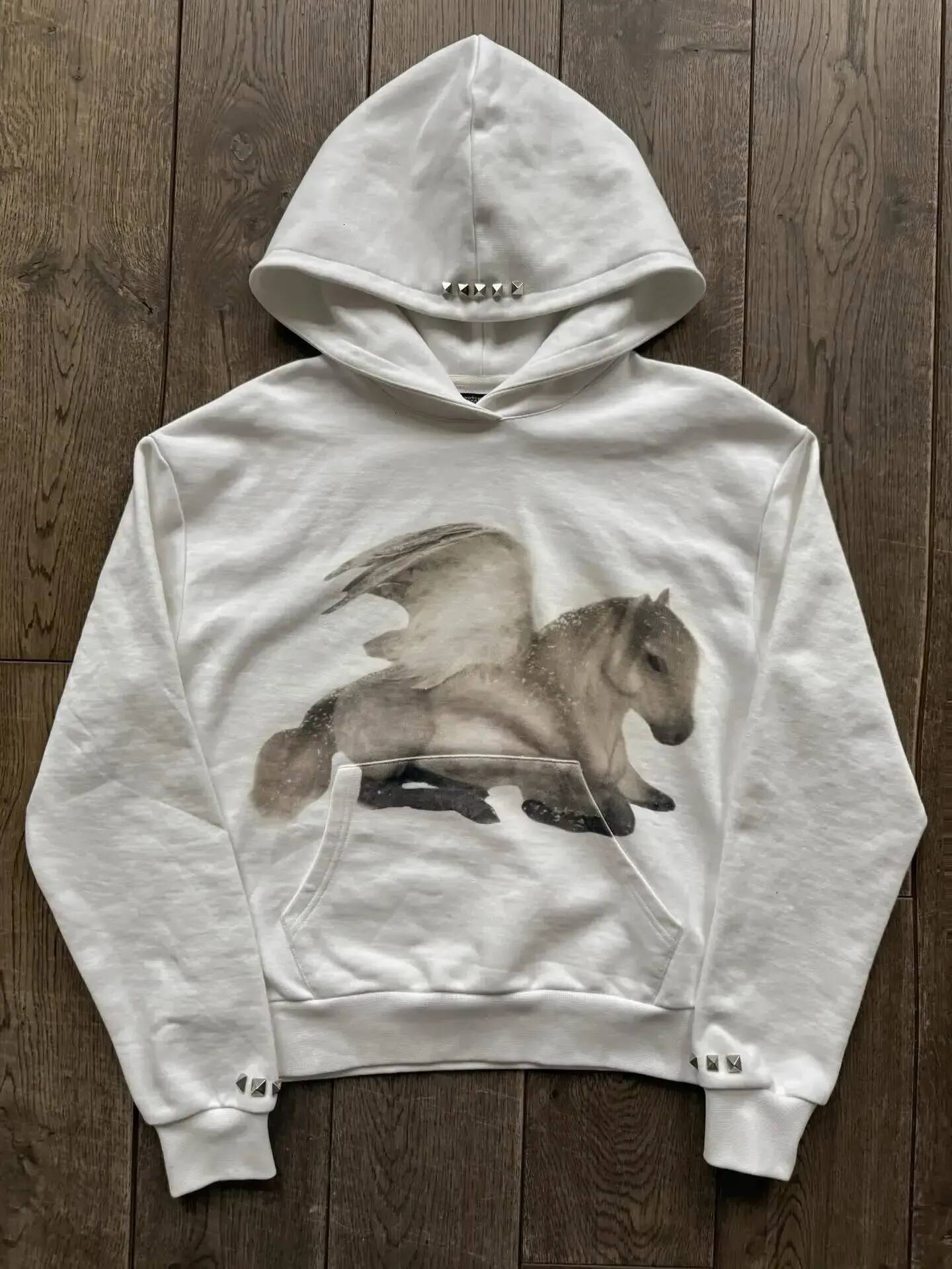 Plus Size Men's Hoodie oversized hooded Y2k Flying Horse Hoodie Pure White Fabric Sweatshirt Men Women Fashion Art Simple Streetwear Unisex Ove