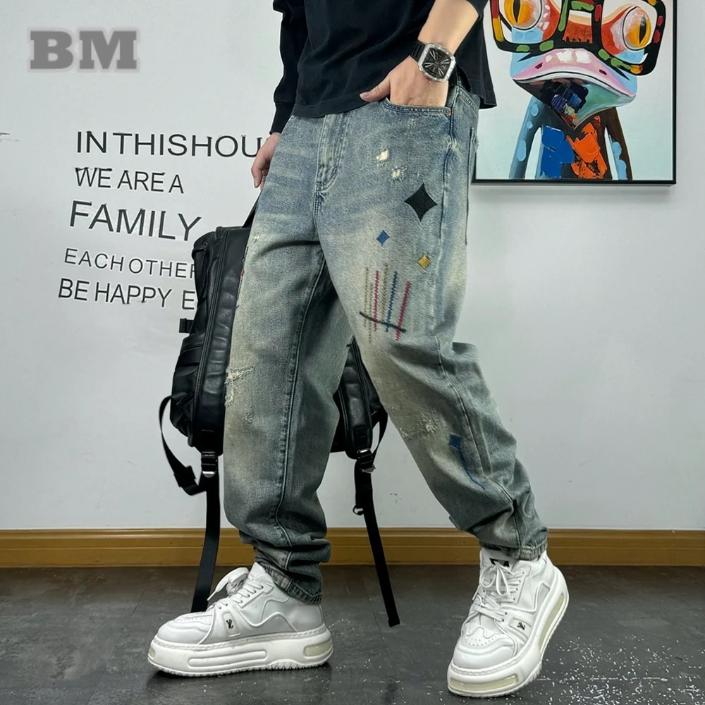 High Quality Streetwear Ragged Patch Embroidery Ripped Jeans For Men Fashion Clothing Distressed Denim Pants Male Trousers 261017