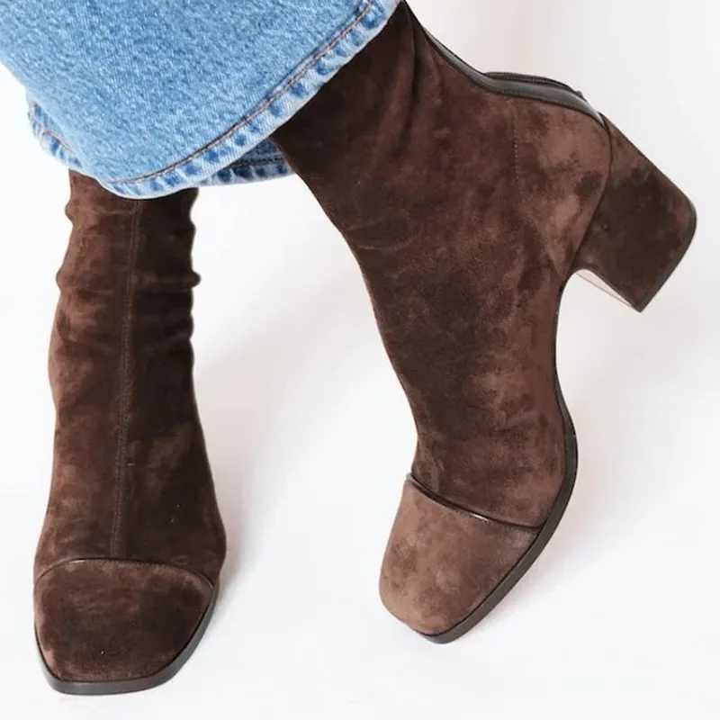 2026 New Autumn Winter Coffee Suede Square Toe Block Heel Mid Calf Boots Luxury Retro Commute Fashion Women Boots Size 34-43 Q261015