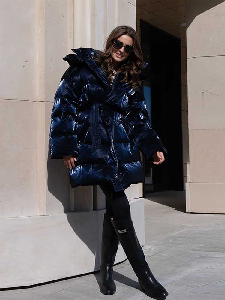 Women's Down Parkas Women's Shiny Quilted Jacket With Detachable Hood Fashion Long Sleeve Zipper Belted Waist Coat Lady 2026 Warm Winter O