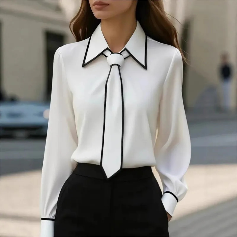 Women's Blouse Fashion Shirt Formal Bow Tie Long-sleeve Contrasting Trim Tops Slim-fit Workwear Elegant Office Lady Shirts Women 261015