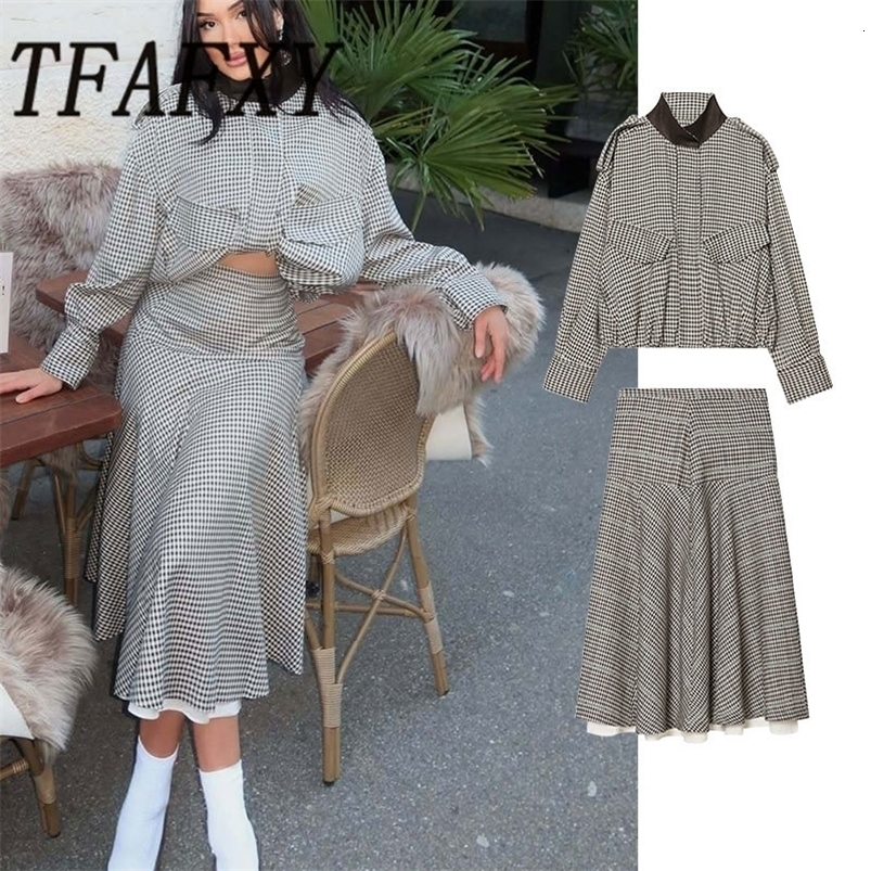 TFAFXY2026 Spring Casual Chic Women Checked Stand Collar Single Breasted Zipper Pockets Jacket Midi Skirt Fashion Street Set 261016