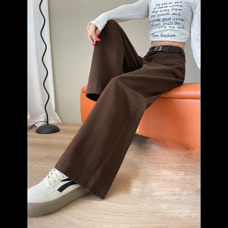Brown Autumn and Winter Retro High-waisted Slimming Floor Straight Wide-leg Pants 261016
