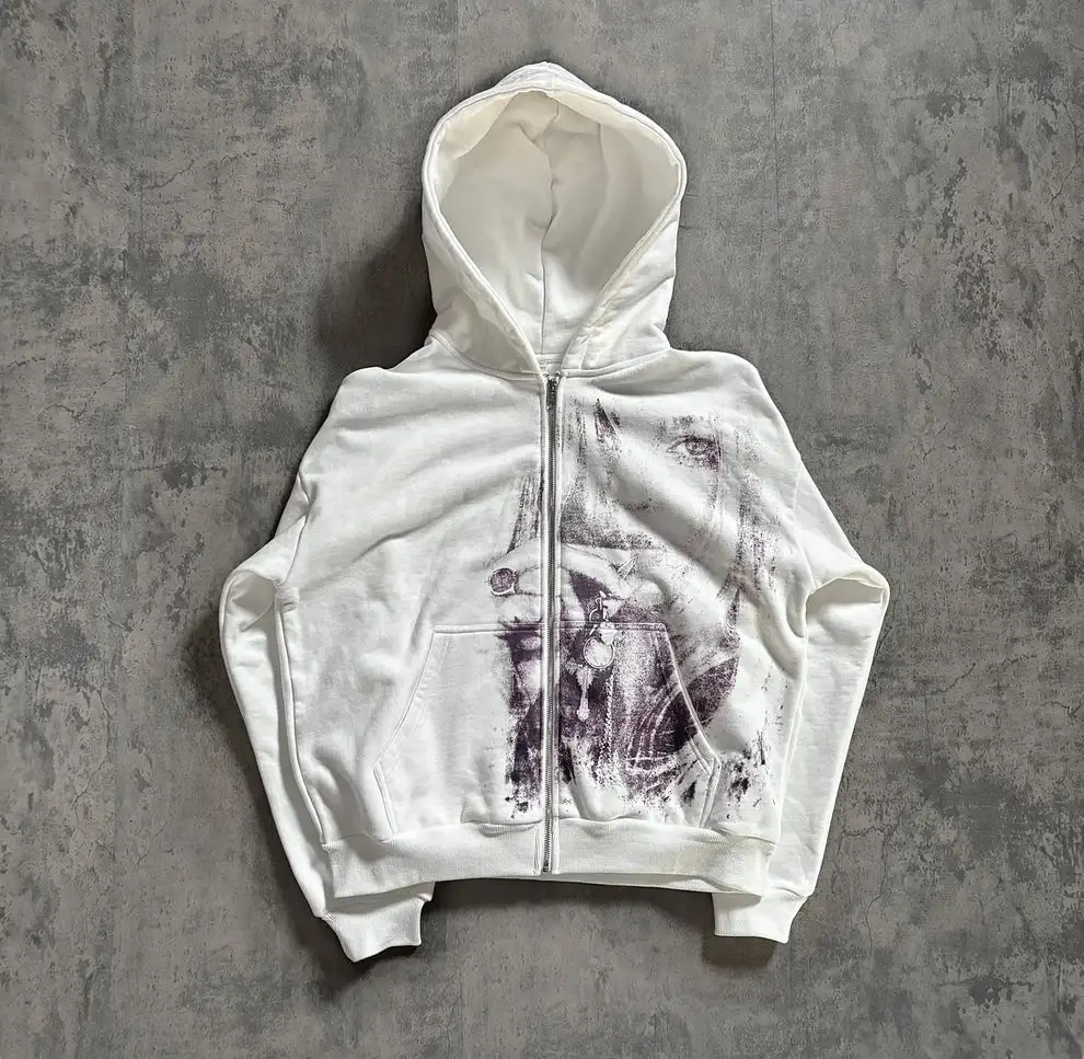 Vintage Portrait Print White Zip Hoodie Y2K Hip Hop Streetwear Embroidery Hood Sweatshirt Autumn Winter Warm coat Men Clothing 261013