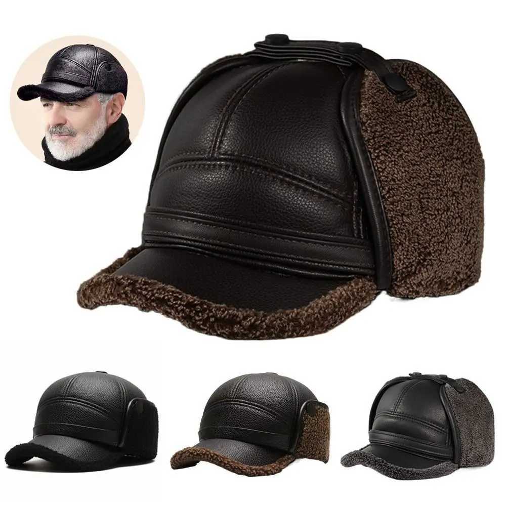 Trapper Hats High Quality PU Leather Men's Earmuffs Cap Windproof Thickened Elderly Hat Outdoor Warm Ear Protection Hat Autumn WinterT261017