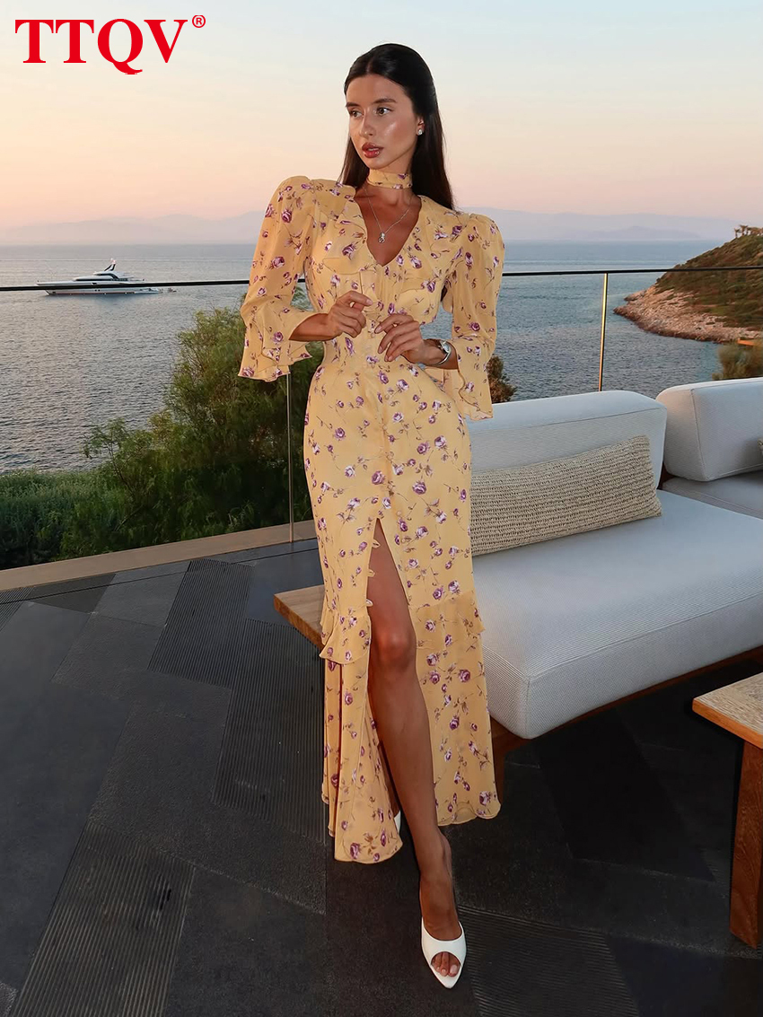 2026 Fashion Slim Print Women's 2027 Sexy V-Neck Long Sleeve Ankle-Length Dresses Lady Elegant Classic Slit Female Dress