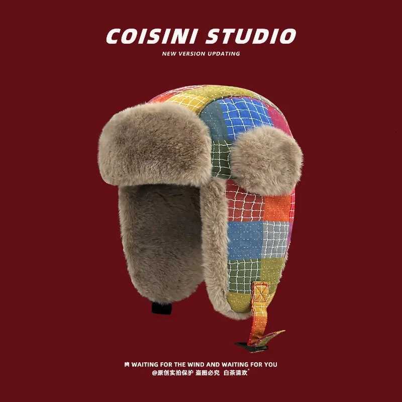 Trapper Hats Colorful Patchwork Plaid Bomber Hats for Men Women Faux Fur Lined Ushanka Windproof Winter Multicolor Splicing Outdoor Ski CapT261017