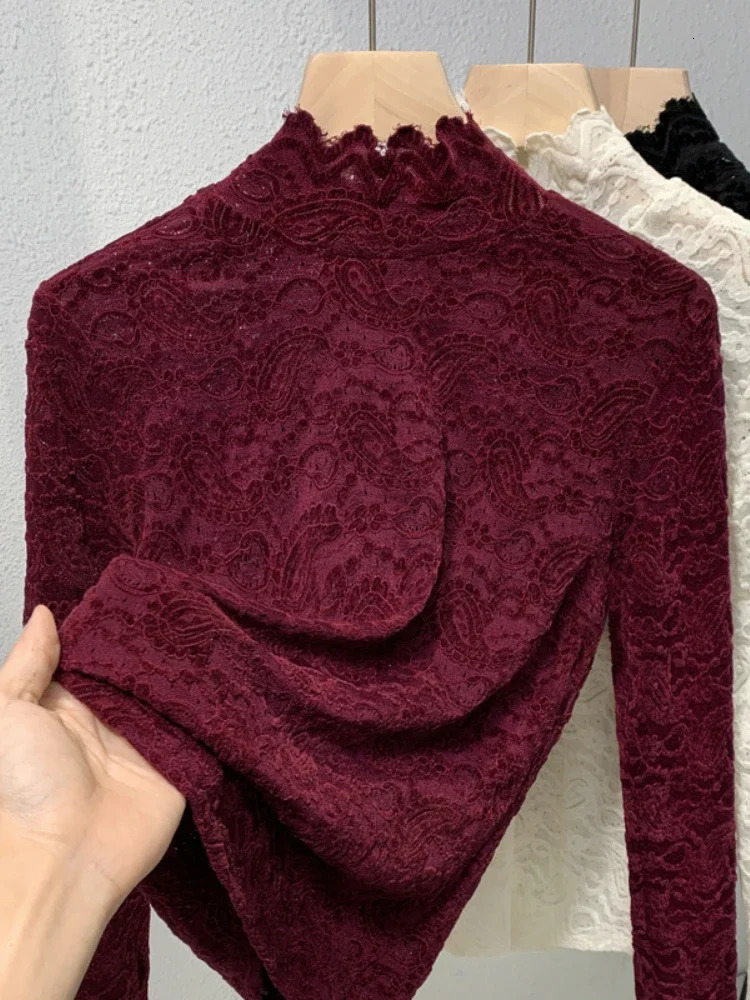 Stand Collar Lace Long Sleeved T-shirt Base Shirt for Women's Autumn and Winter Style French Romantic Mesh Top Elastic Plus Size 261015
