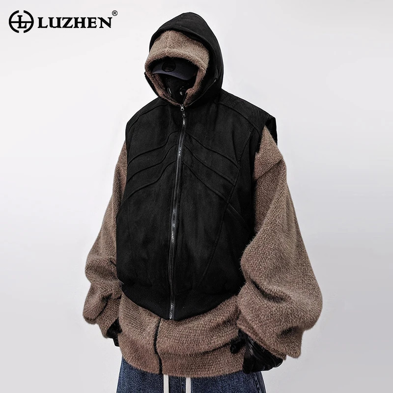 LUZHEN Loose 2026 Winter Hip-Hop Trendy Vest Warm Padded Brushed Coat Men's Two-Piece Sets Fashion Hooded Streetwear New