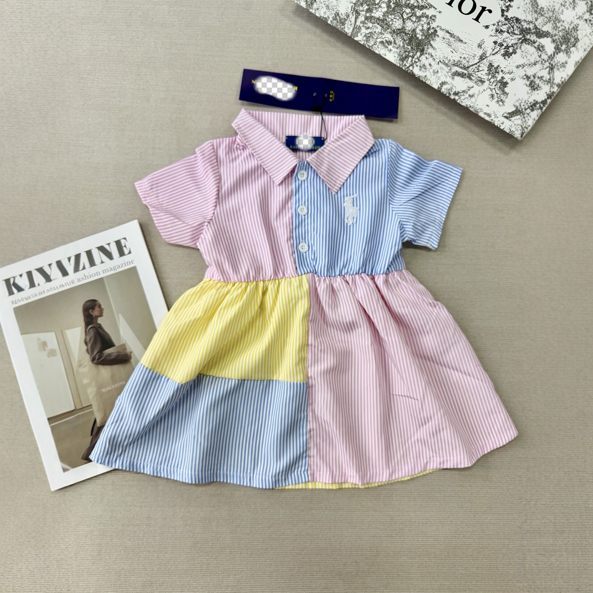 New girls' striped patchwork lapel short sleeved dress, college style princess skirt, summer children's clothing