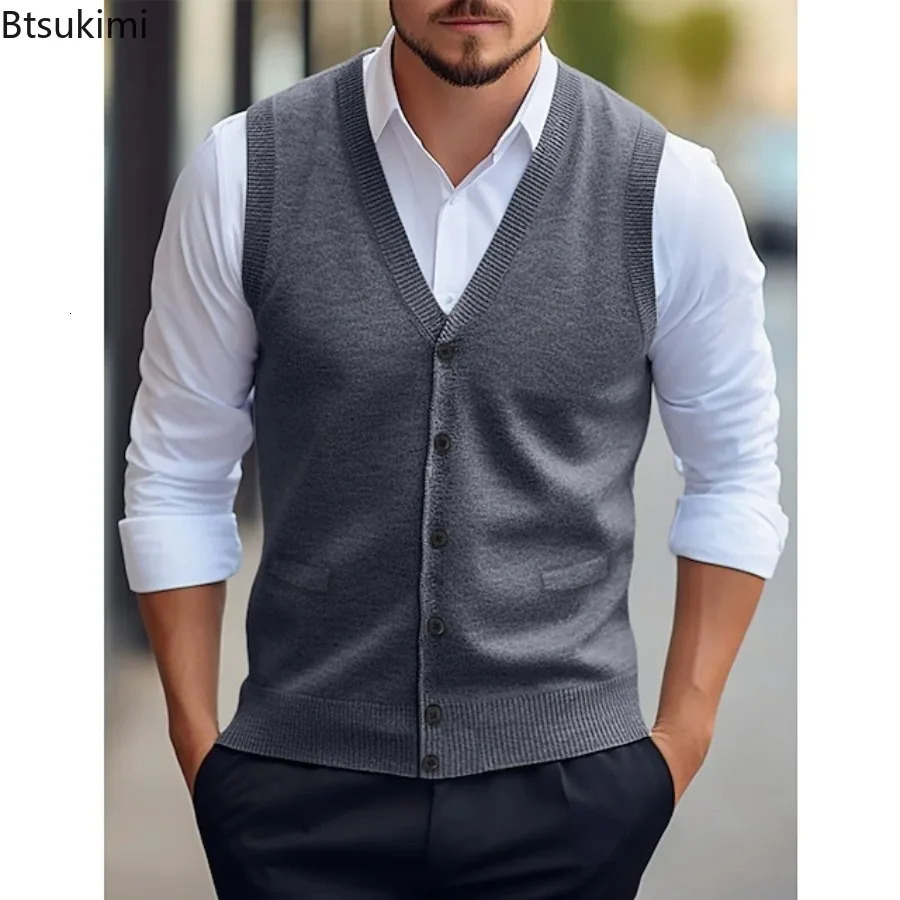 Men's Autumn Winter Knit Sweater Vest Fashion Solid V-neck Button-up Knitted Wool Cardigan Tops Business Casual Men Clothing 261015
