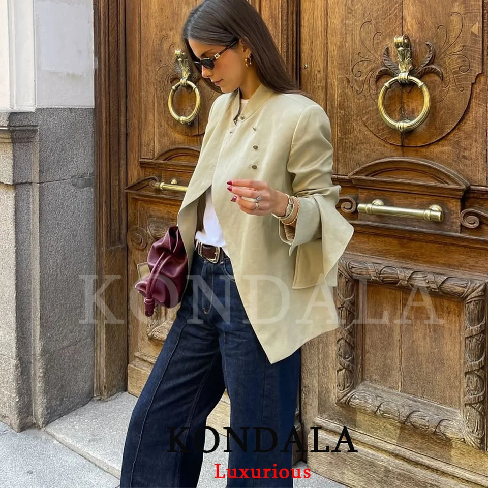 KONDALA Vintage Office Lady Satin Blazer Green Solid Turtleneck Loose Fashion 2026 Spring Summer Holiday Female 261015