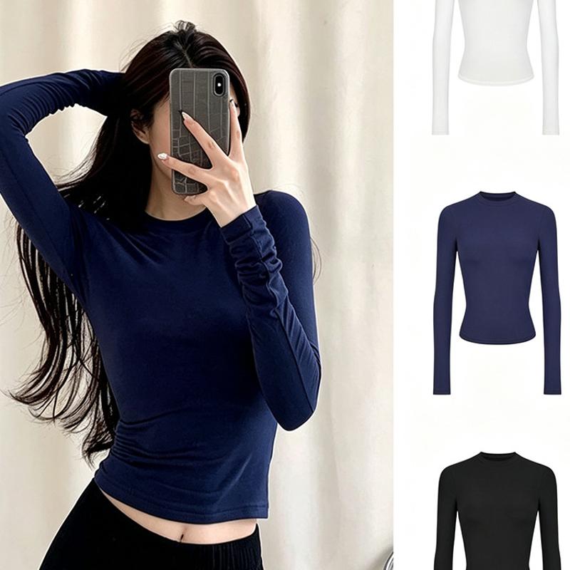 T-shirt à manches longues et col rond pour femme, coupe cintrée, couleur unie, couche de base décontractée, haut pour usage quotidien, automne-hi