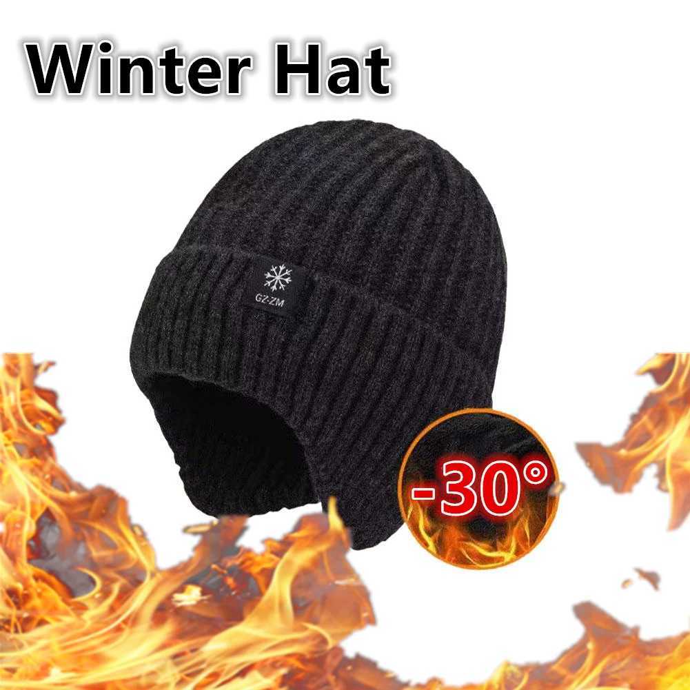 Outdoor Men Winter Knitted Hat Plush Warmth Peaked Cap Earmuff Casual Fashion Faux Fur Lined Bomber Hats Cycling Ear Protection S261017CH8Q
