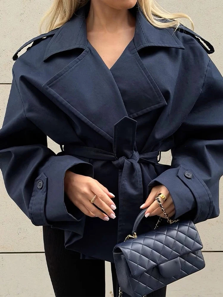 Spring Lace Up Trench Coat Women Solid Loose Large Lapel Long Sleeves Short Windbreaker 2026 Chic High Street Lady Outerwear 261015