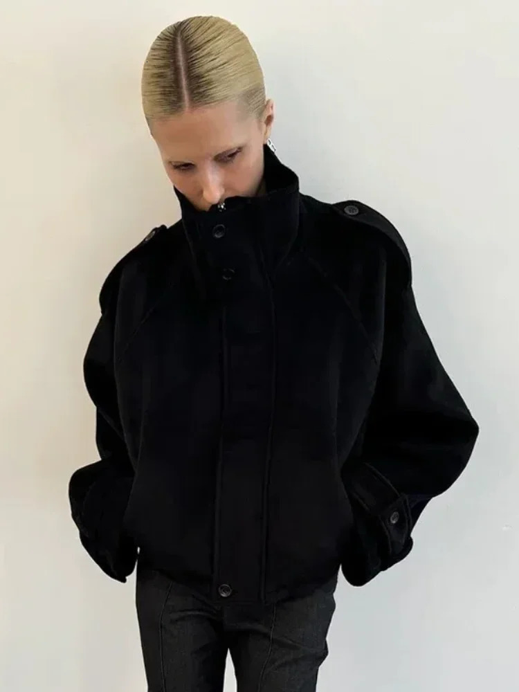 Women Stand Collar Spring Woolen Coats Single Breasted Loose Female Long Sleeve Jacket Fashion Office Lady Street Short Coat 261014