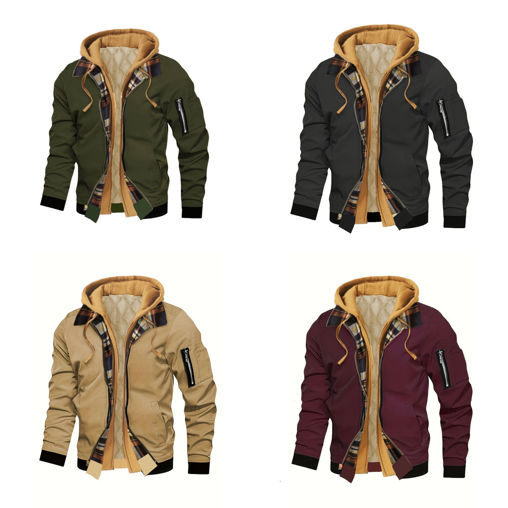 2026 Men's Hooded Bomber Jacket Plaid Lined Quilted Utility Jacket with Zipper Pockets Wholesale street casual