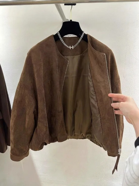 High-End European-Style Autumn Loose-Fitting Slimming Retro Suede Round-Neck Zip-Up Jacket Stylish Top for Women 261016