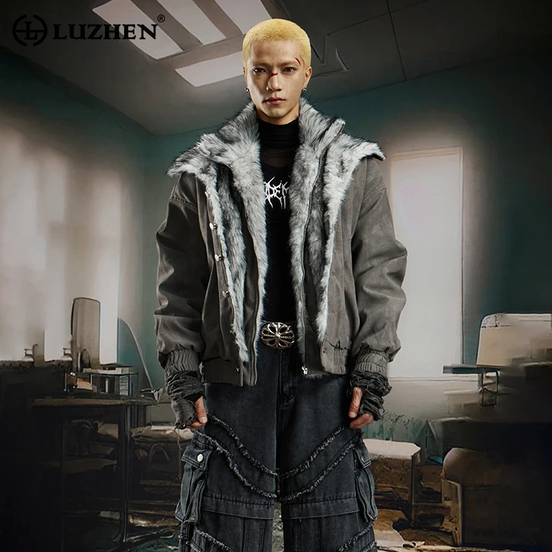 LUZHEN Double Layer Fake Two Piece Design Personalized Fur Liner Warm Parka Coat Men 2026 Winter Thickened Street Jacket