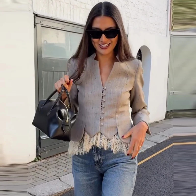 Elegant V-Neck Suit Jacket Chic Lace Patchwork Single Breasted Long Sleeve Daily Blazer Lady Autumn Fashion Office Streetwear 261016