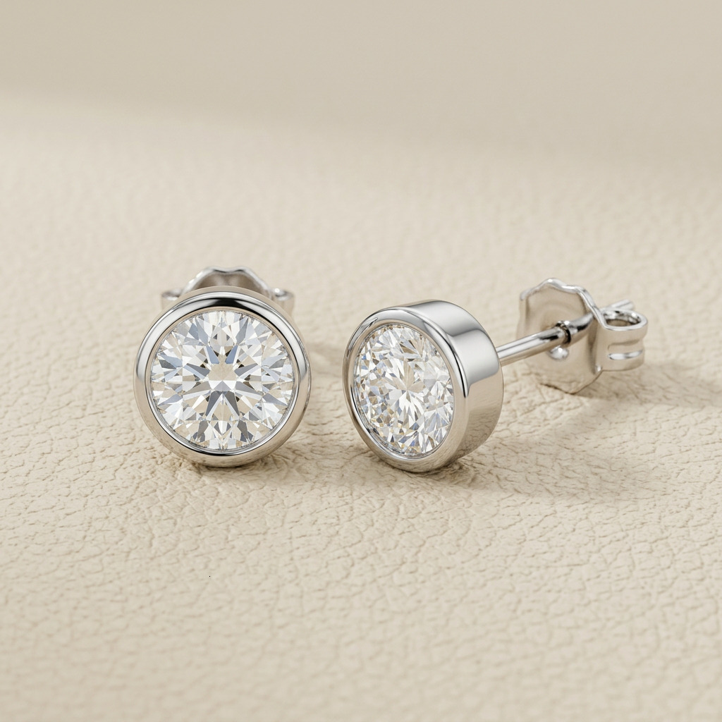 0.5CTW Round Cut Bezel Stud Earrings Lab Created Diamond 14K Solid Gold IGI Certified CVD/HPHT VVS Anniversary Fine Jewelry