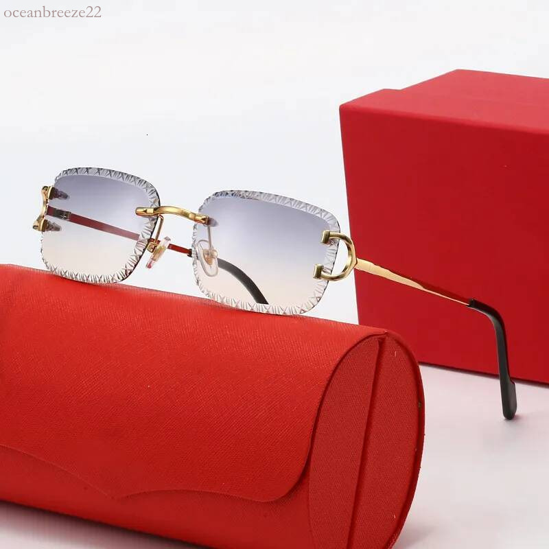 Mens Designer Rimless Square Carterly Sunglasses Metal Frame C Logo Accents Multi Color Lens UV400 Protection Retro Luxury Cartery Glasses for Women