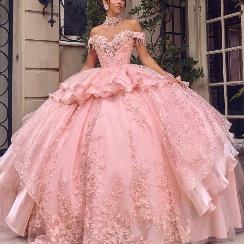 Pink Glitter Quinceanera Dresses Off The Shoulder Ball Gown Sweet 16 Dress Applique Lace Beading Bow Tull Party Birthday vestidos 15 de anos