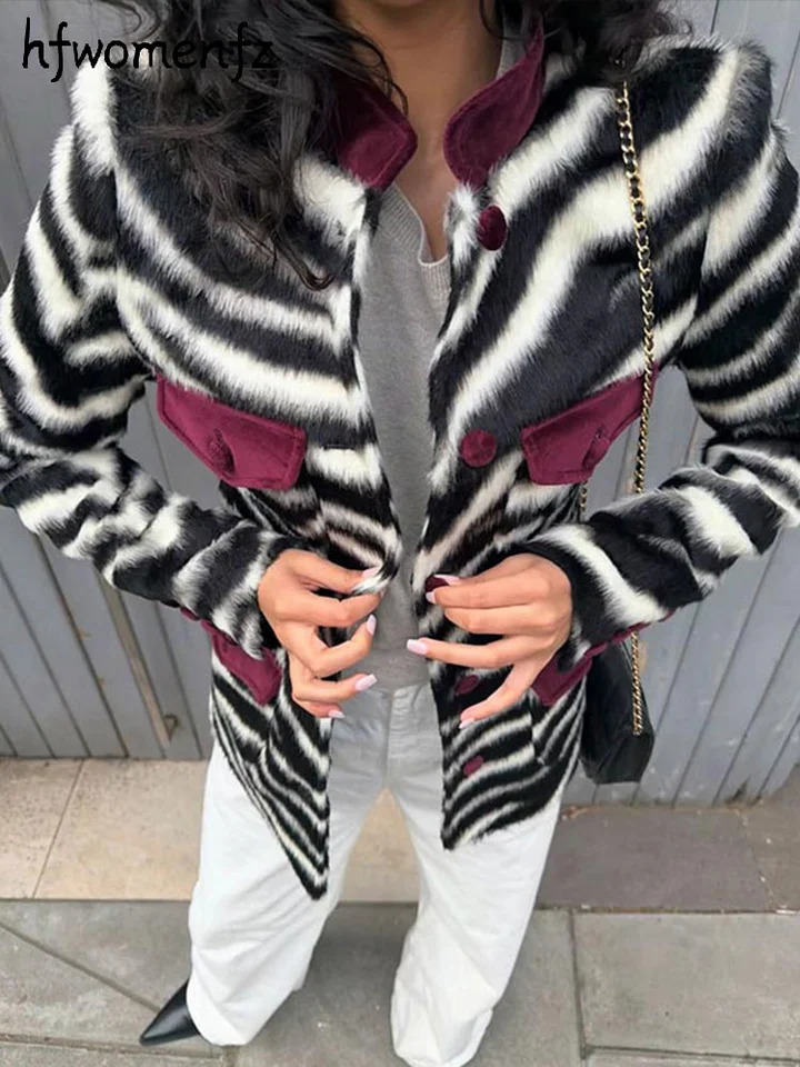 Elegant Womens Zebra Printed Faux Fur Coats Slim Stand Collar Single Breasted Full Sleeve Jackets 2026 Autumn Winter Outwear 261016