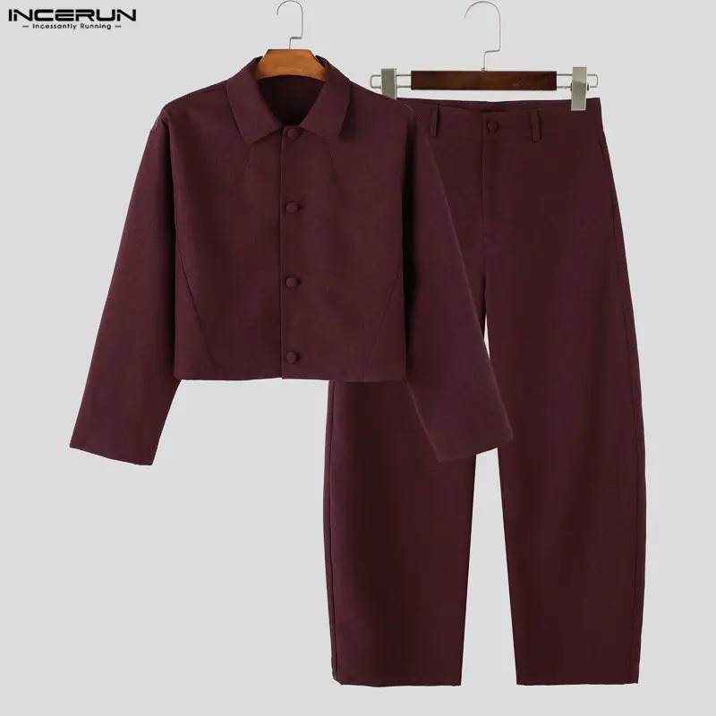 Mens Sets Solid Color Streetwear Long Sleeve Crop Jackets Pants Two Piece Casual Tracksuits Men Matching INCERUN 2026 261017