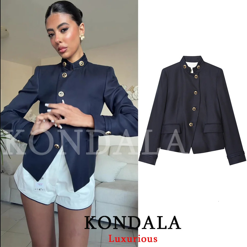 KONDALA Elegant Casual Chic Women Blazer NavyBlue Buttons Stand Collar Slim Fashion 2026 Spring Summer Office Lady 261015