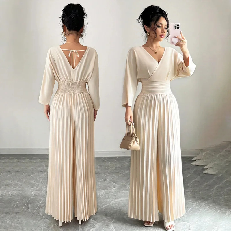 Women's Elegant Wrap VNeck Pleated Wide Leg Pants Set Long Sleeve Elastic Waist Two Piece Outfit Vacation Resort Wear 261015