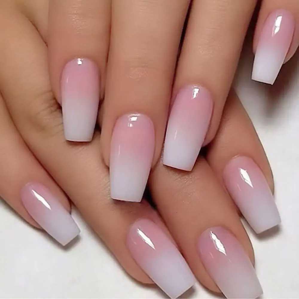 False Nails 120pcs Pink Ombre Medium Coffin Press On Nails Glossy Handmade Acrylic Fake Nails Tips Gradient Design Artificial False Nails Q261017