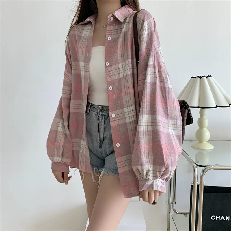 Women Tartan Shirt Long Sleeve Collared Button Up Oversized Plaid Shirt Jacket Grunge Fashion Teenage Girl Spring Summer Outfit 261015