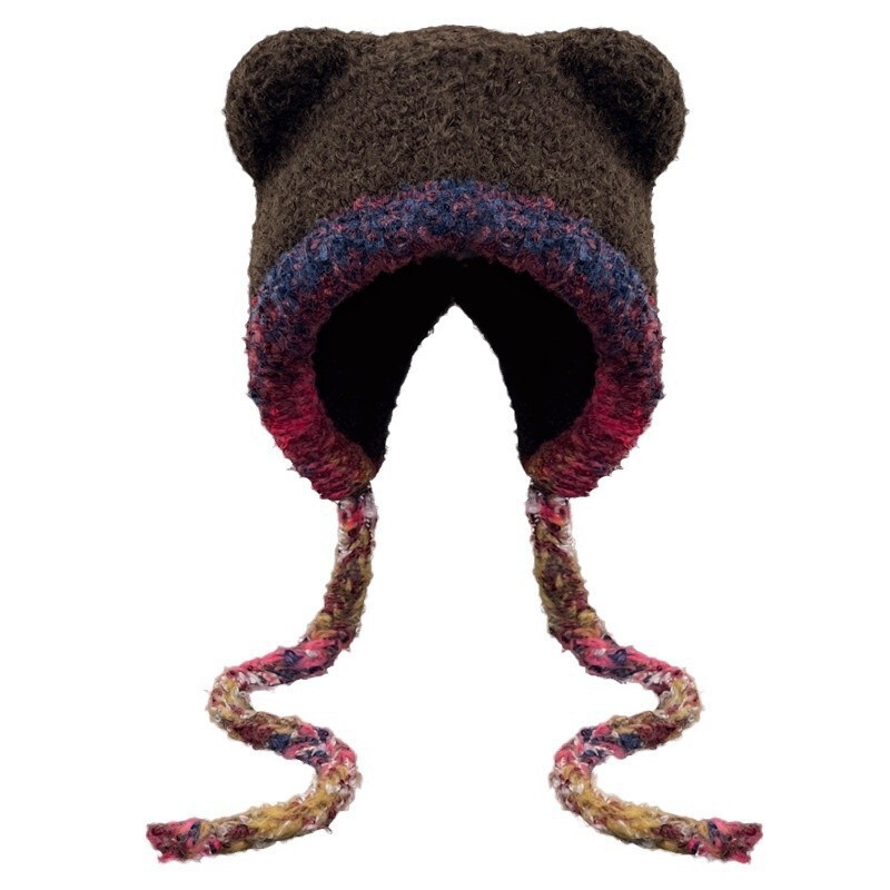 Japanese Style Quirky Cute Little Monster Plush Pullover Women, Thickened Warm Autumn and Winter, Knitted Ear Protection Hat for Cycling