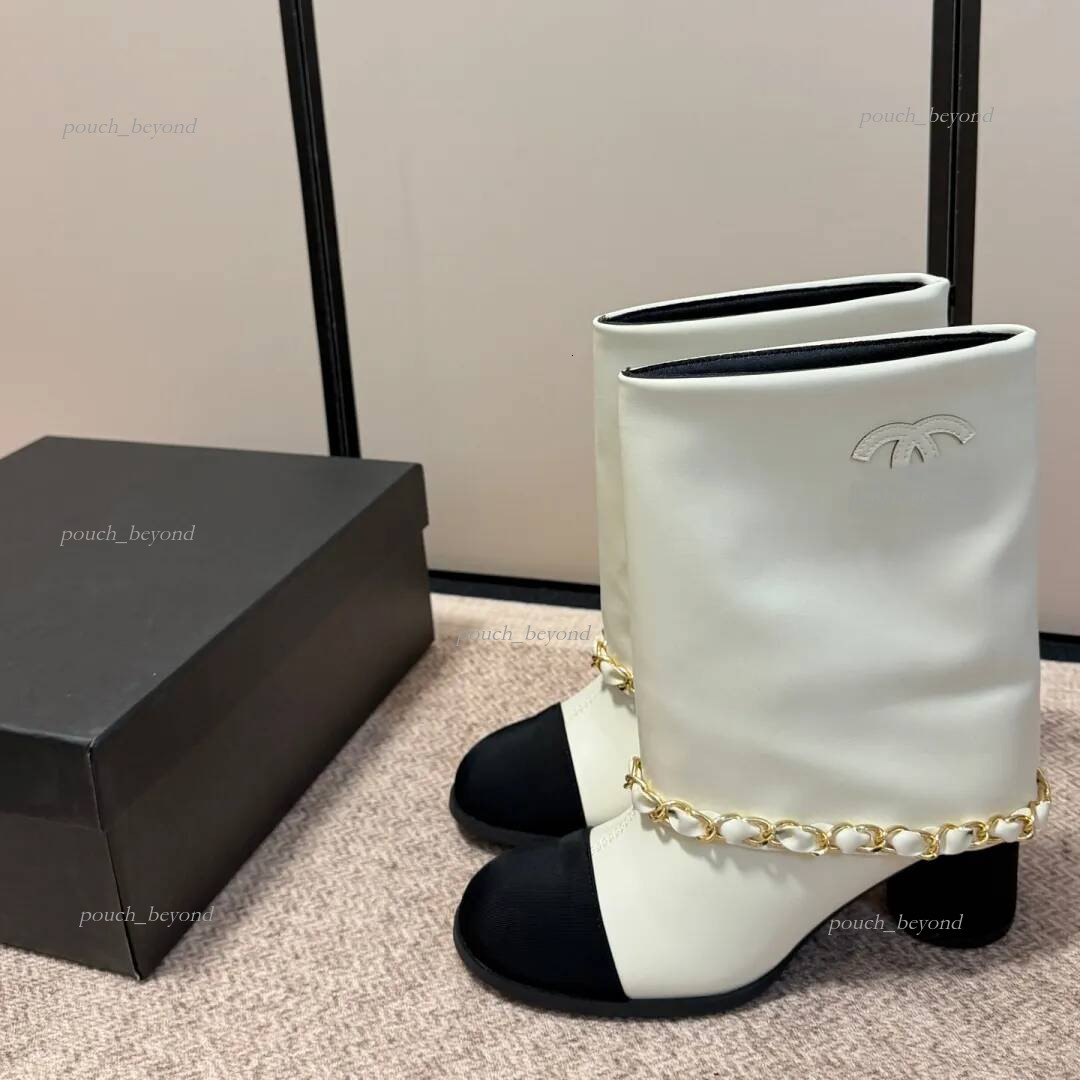 cc shoes designer boots Women Two Tone Mid Boots Gold Chain Decor Round Toe Block Heel Slip On Leather Boots Fashion Color Splicing Fold Shaft Booti